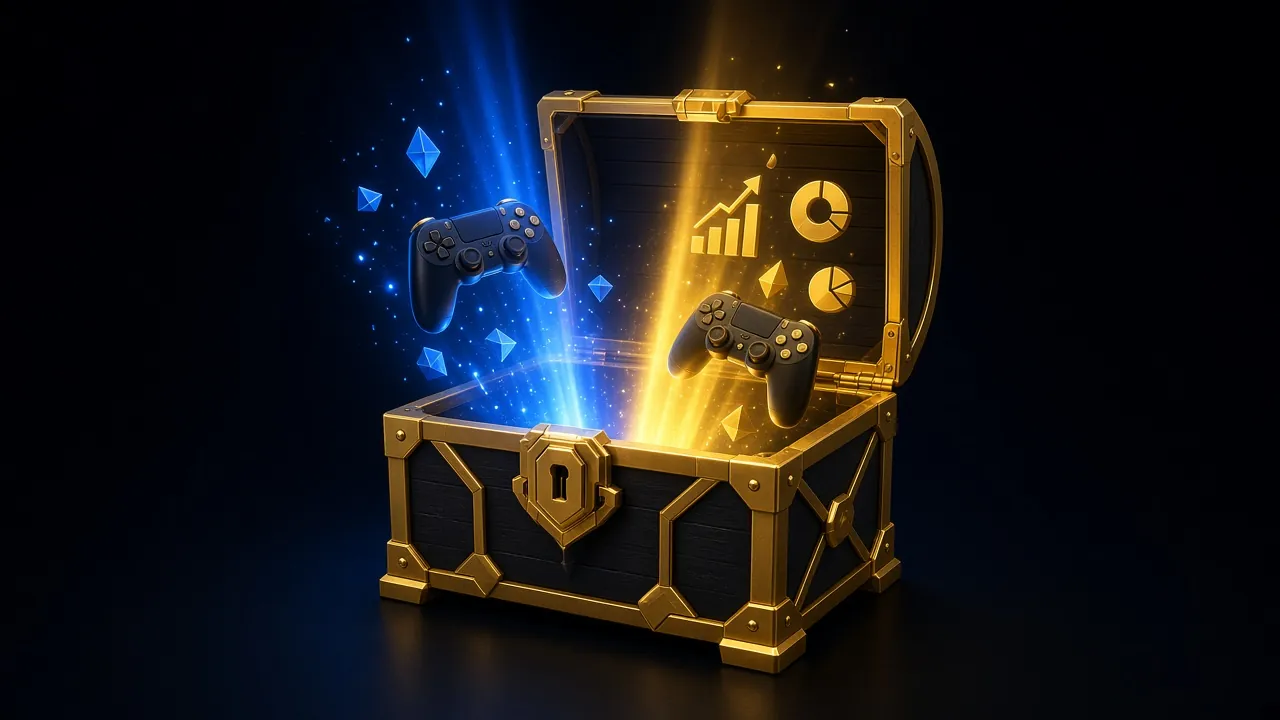 Illustration: en öppen skattkista med spelkontroller och diagram i blått och guld